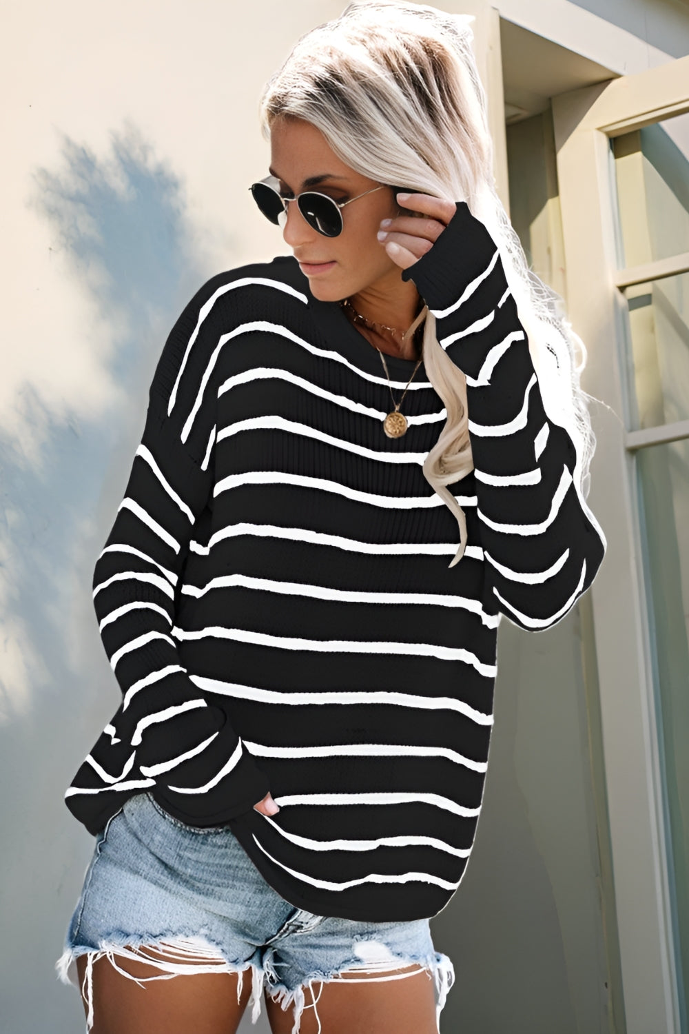 Striped Round Neck Drop Shoulder Sweater - Charming Charlie