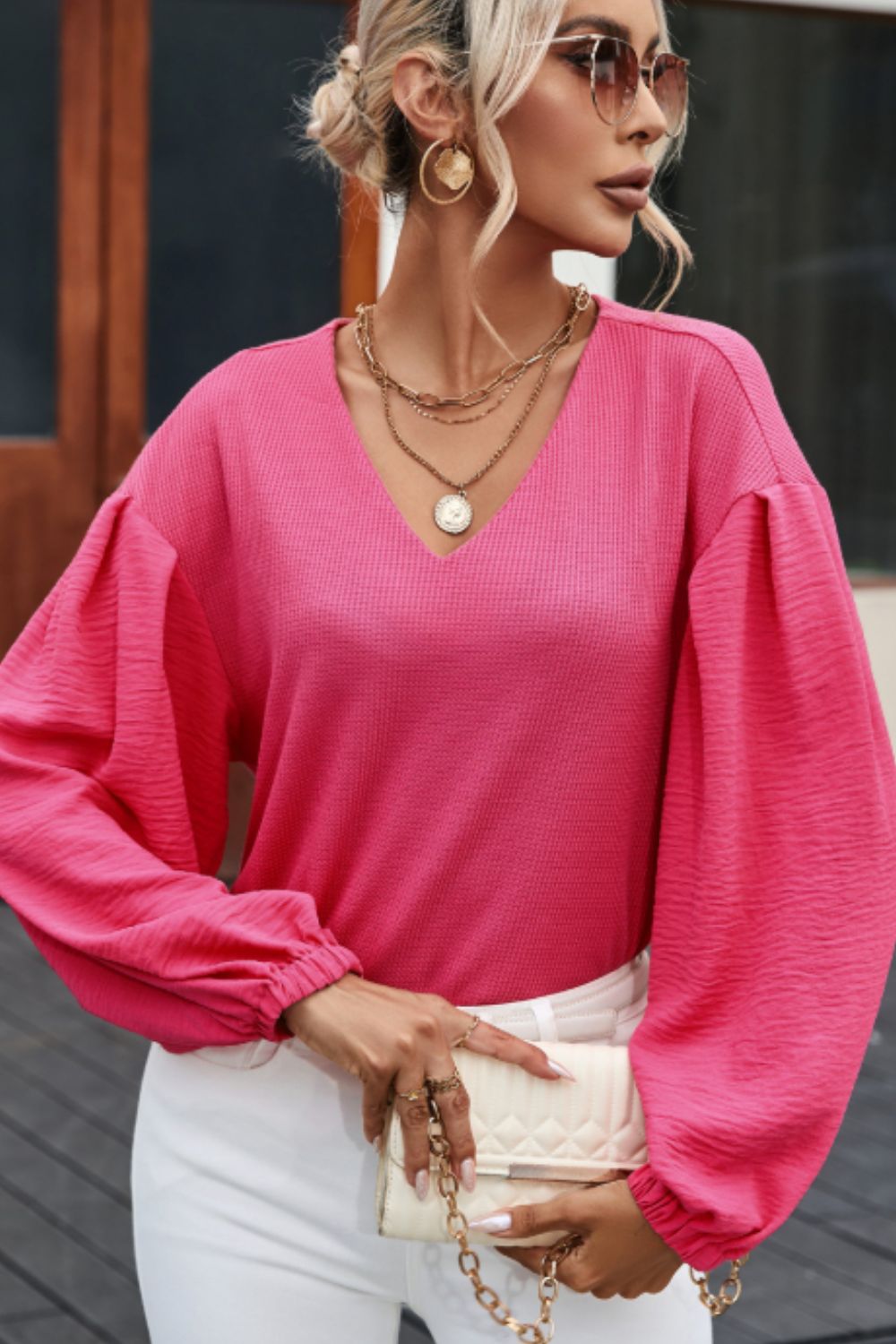 Waffle-Knit V-Neck Long Sleeve Blouse - Charming Charlie
