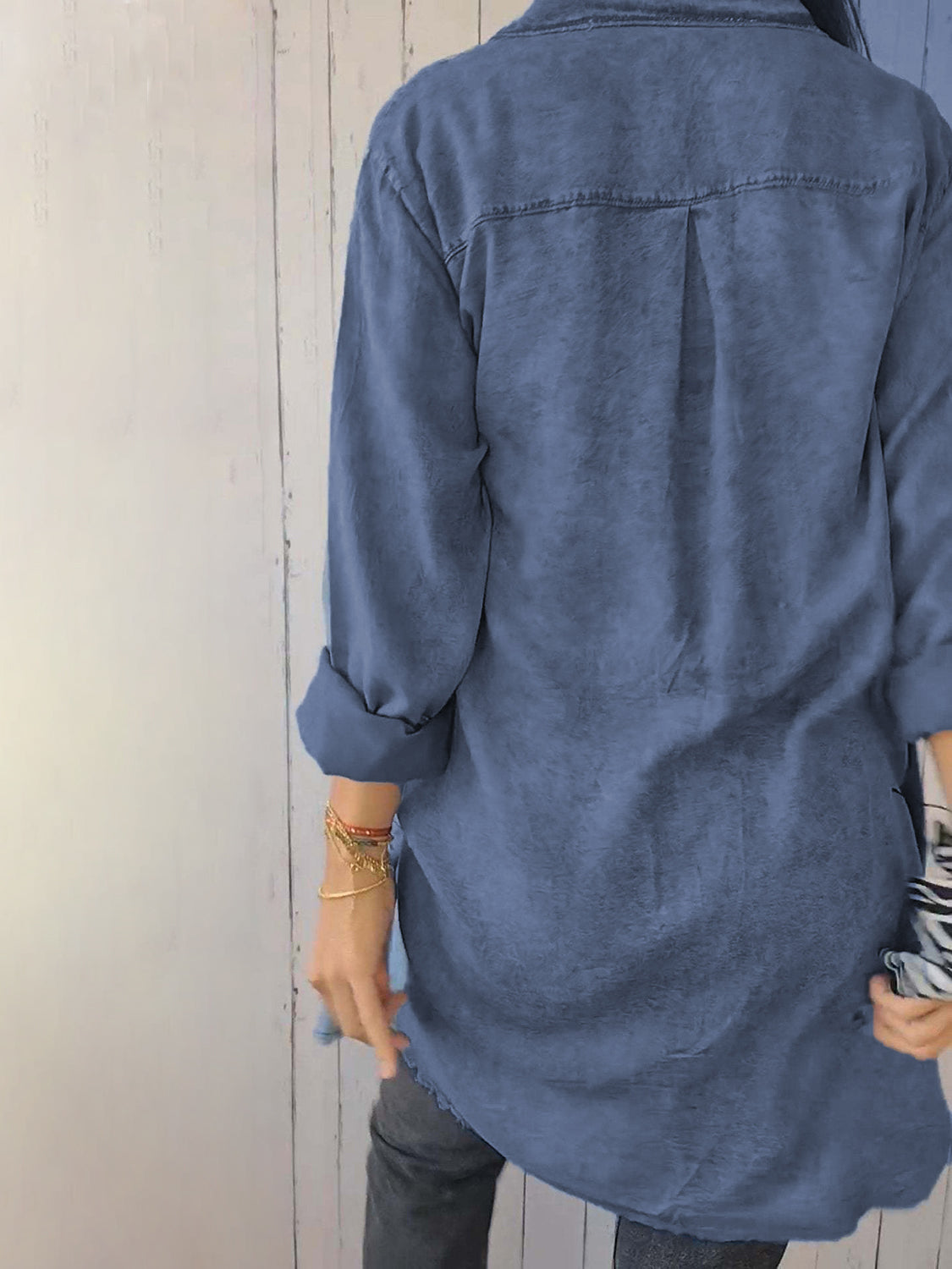 Full Size Raw Hem Button Up Long Sleeve Denim Top Plus Size - Charming Charlie