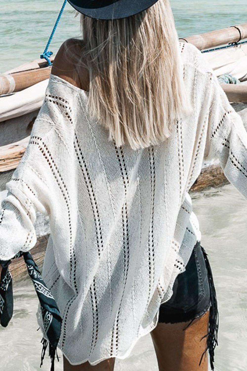 Openwork V-Neck Long Sleeve Knit Top - Charming Charlie