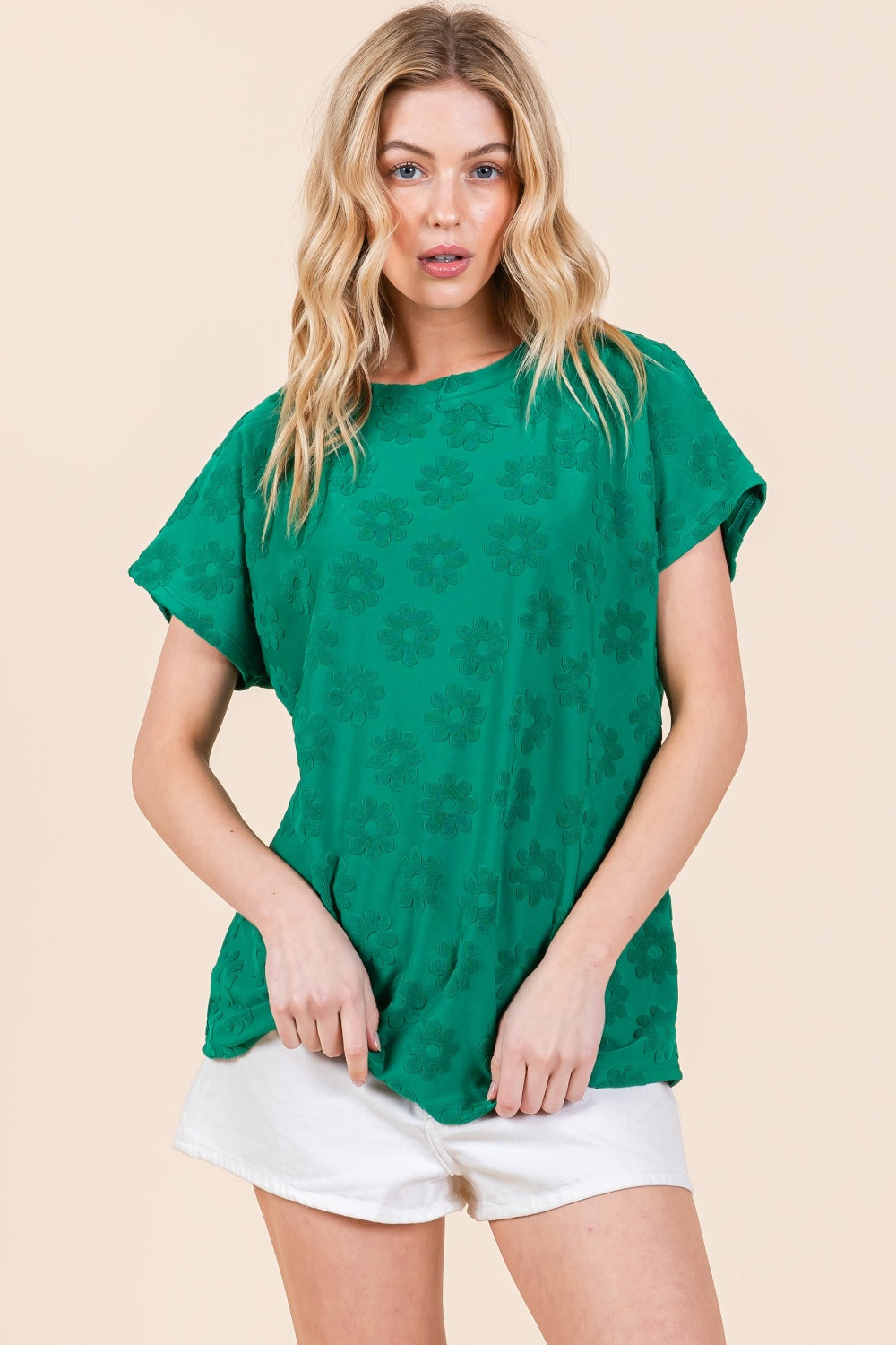 BOMBOM Textured Floral Pattern Short Sleeve T-Shirt - Charming Charlie