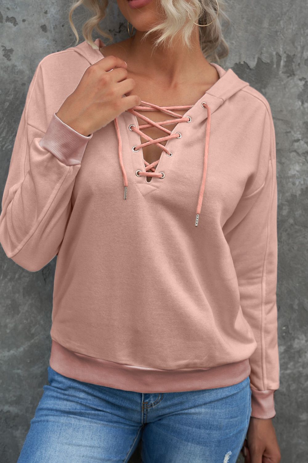 Lace Up Long Sleeve Hoodie - Charming Charlie