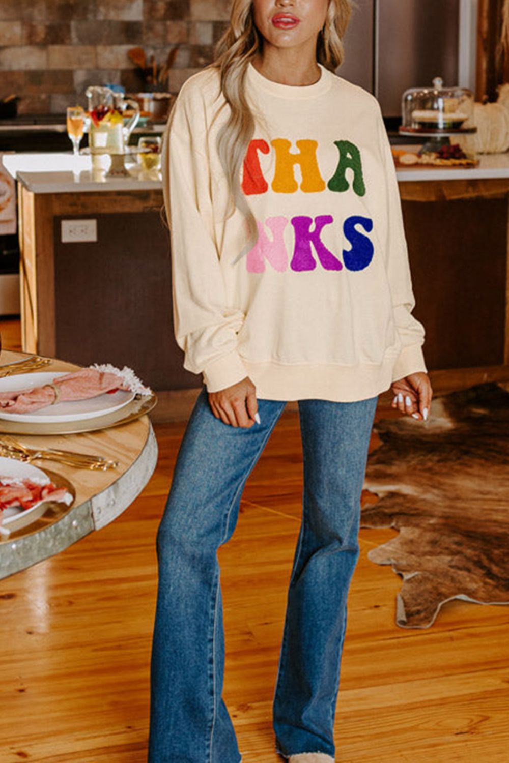THANKS Round Neck Long Sleeve Sweatshirt - Charming Charlie