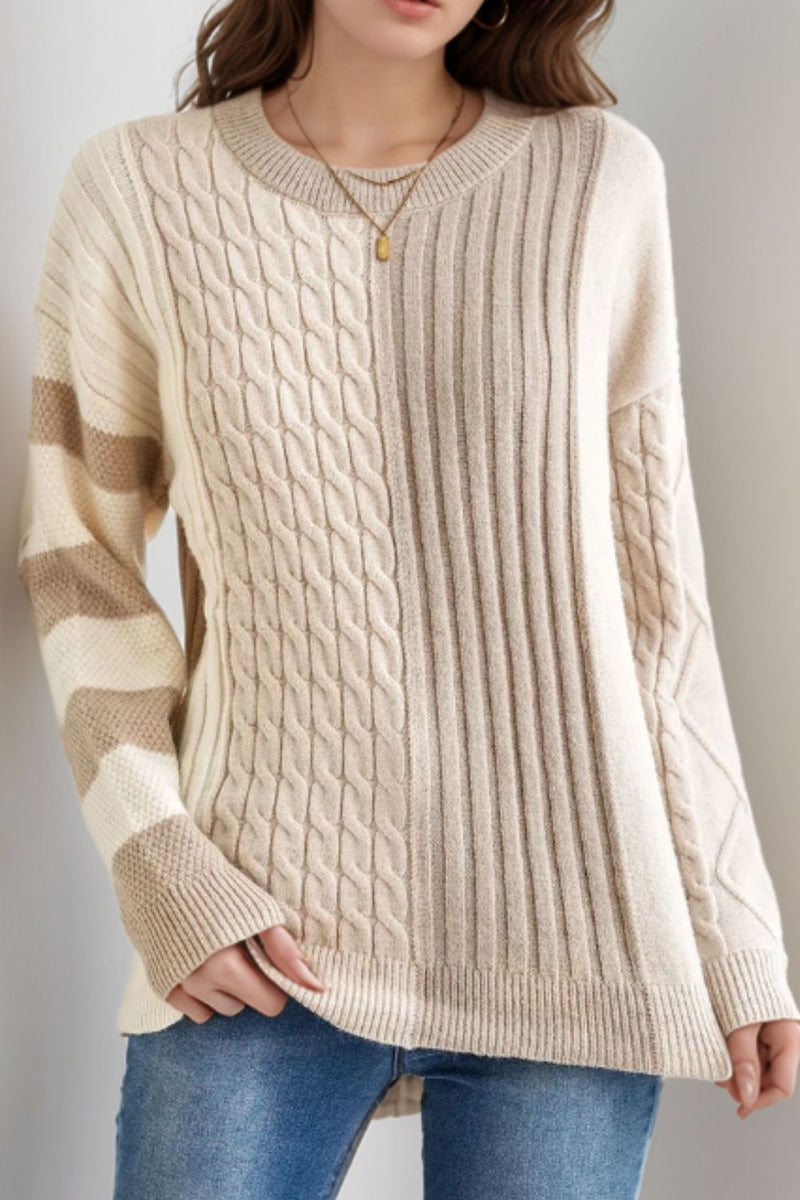 Plus Size Colorblock Cable Knit Tie Back Sweater