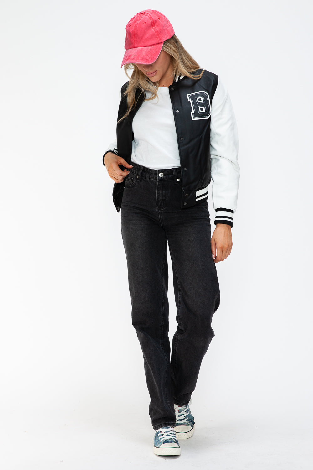 Love Me Now PU Leather Contrast Snap Down Bomber Jacket - Charming Charlie