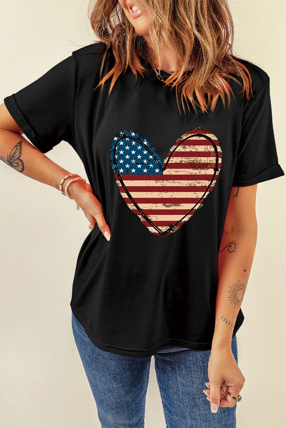 Stars and Stripes Heart Round Neck Short Sleeve T-Shirt - Charming Charlie