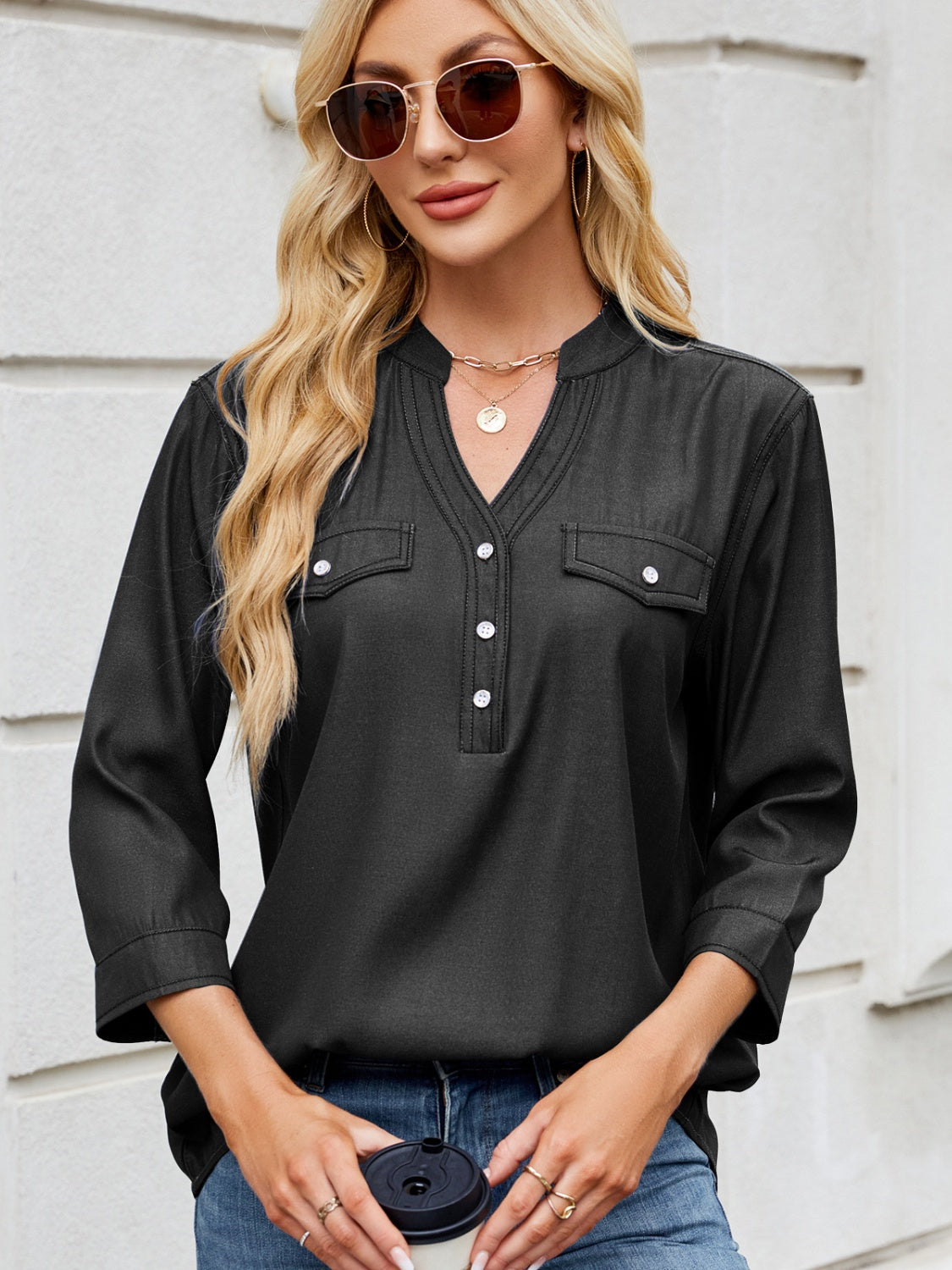 Notched Three-Quarter Sleeve Denim Top - Charming Charlie