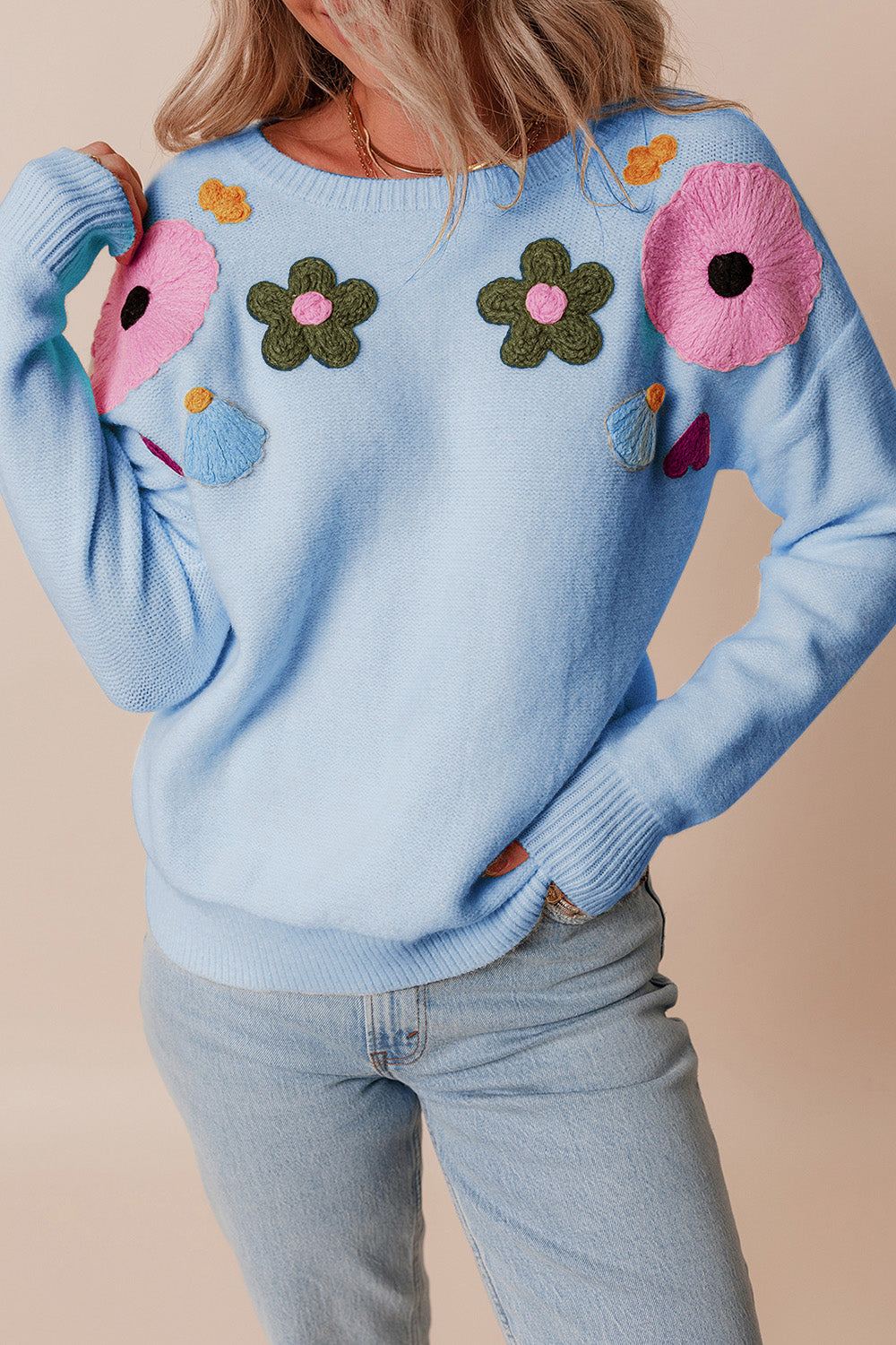 Crochet Flower Round Neck Dropped Shoulder Sweater - Charming Charlie