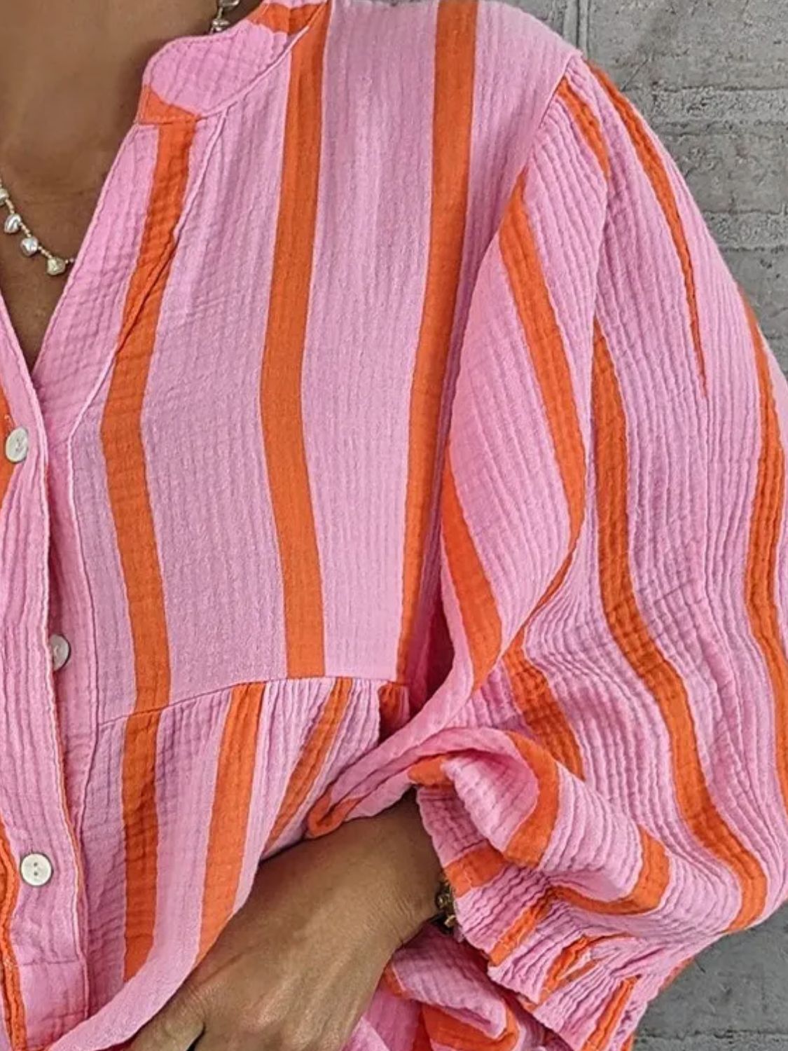 Striped Notched Long Sleeve Blouse - Charming Charlie