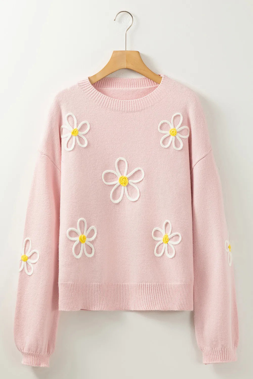 Flower Round Neck Dropped Shoulder Sweater - Charming Charlie
