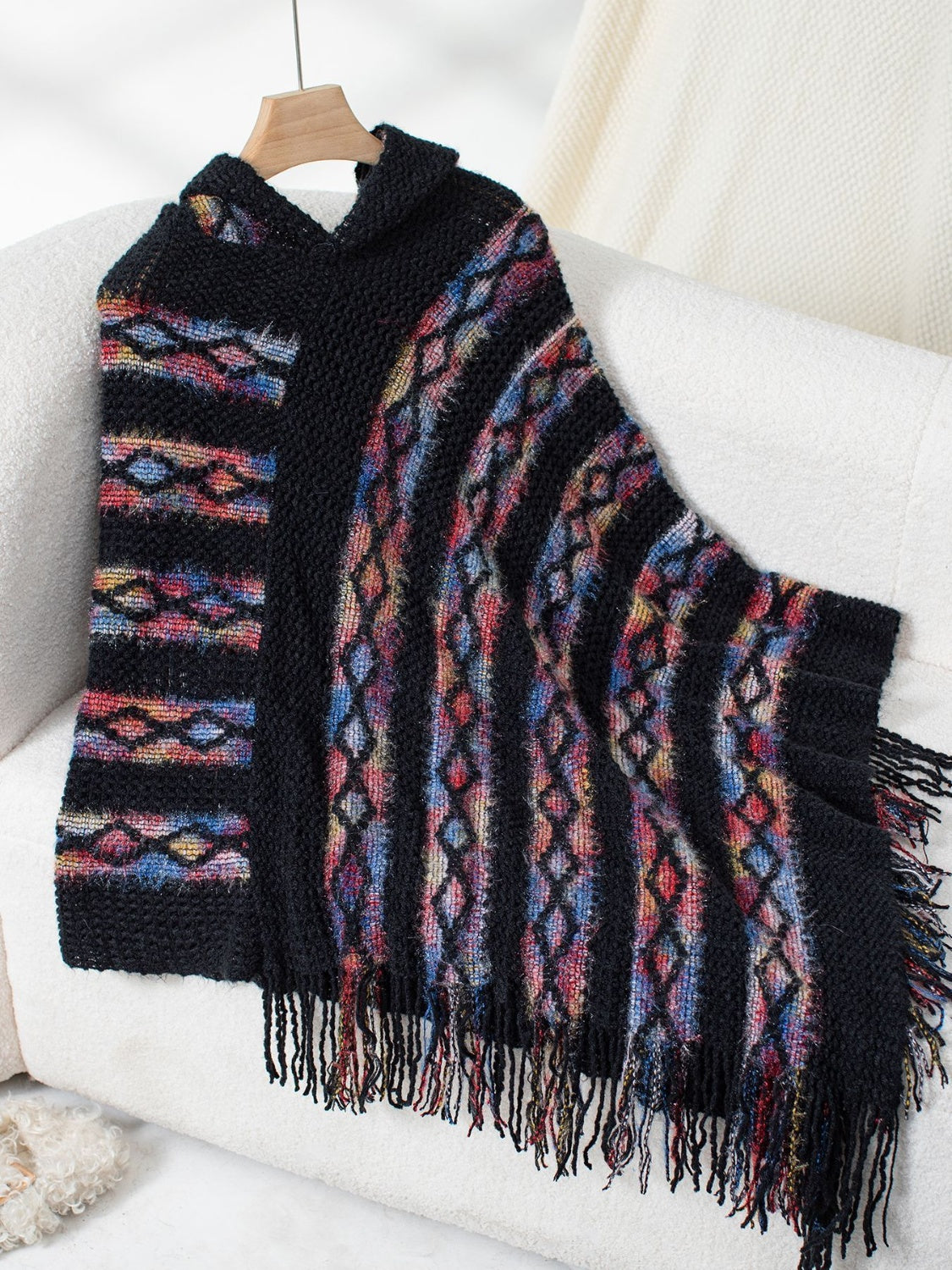 Fringe Contrast Hooded Poncho - Charming Charlie