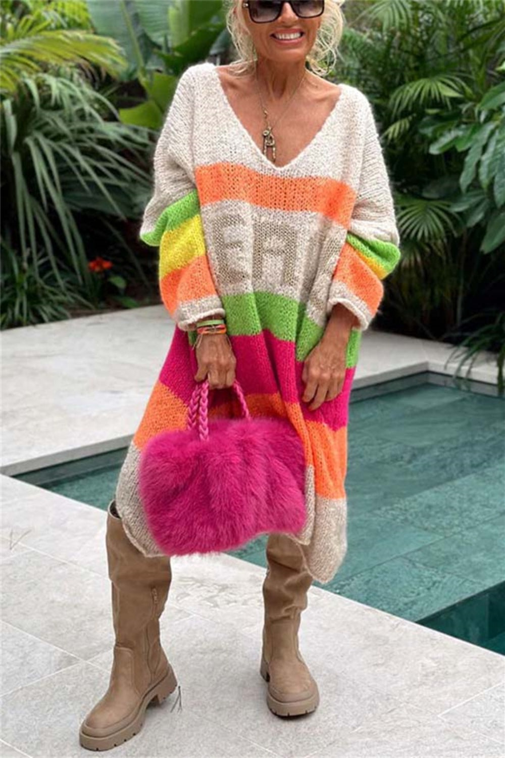 Color Block V-Neck Long Sleeve Sweater Dress - Charming Charlie