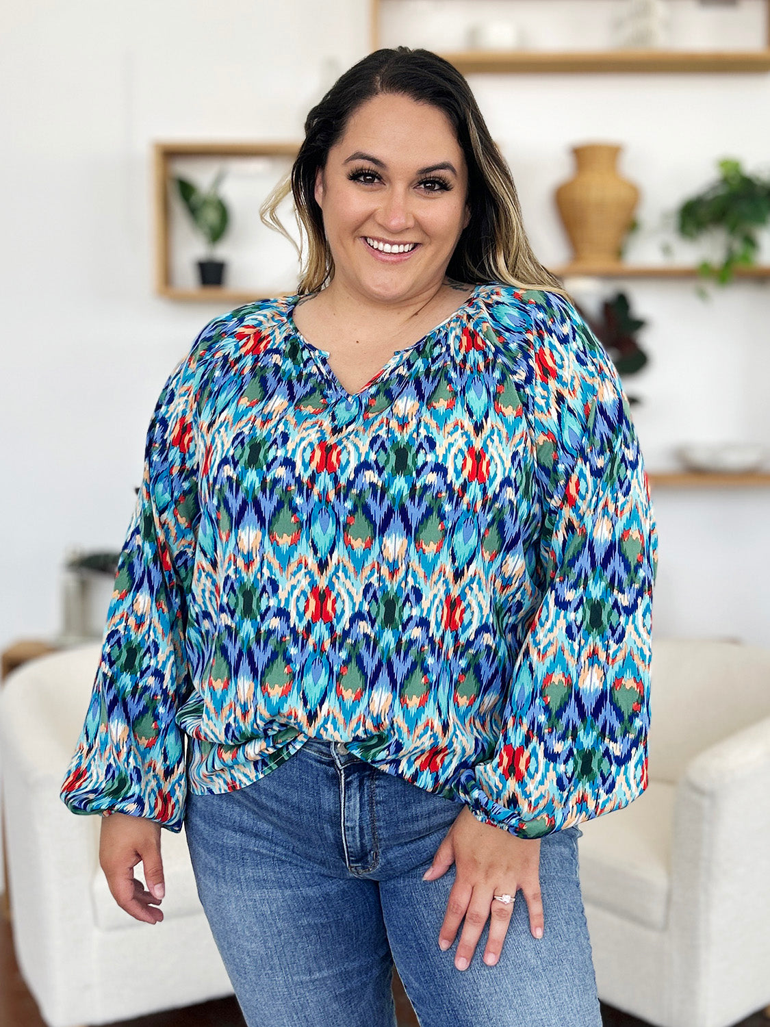 Double Take Full Size Printed Balloon Sleeve Blouse - Charming Charlie