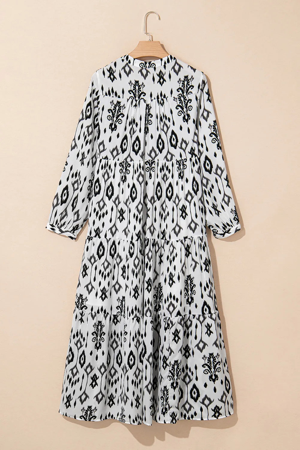Tiered Printed Notched Long Sleeve Midi Dress - Charming Charlie