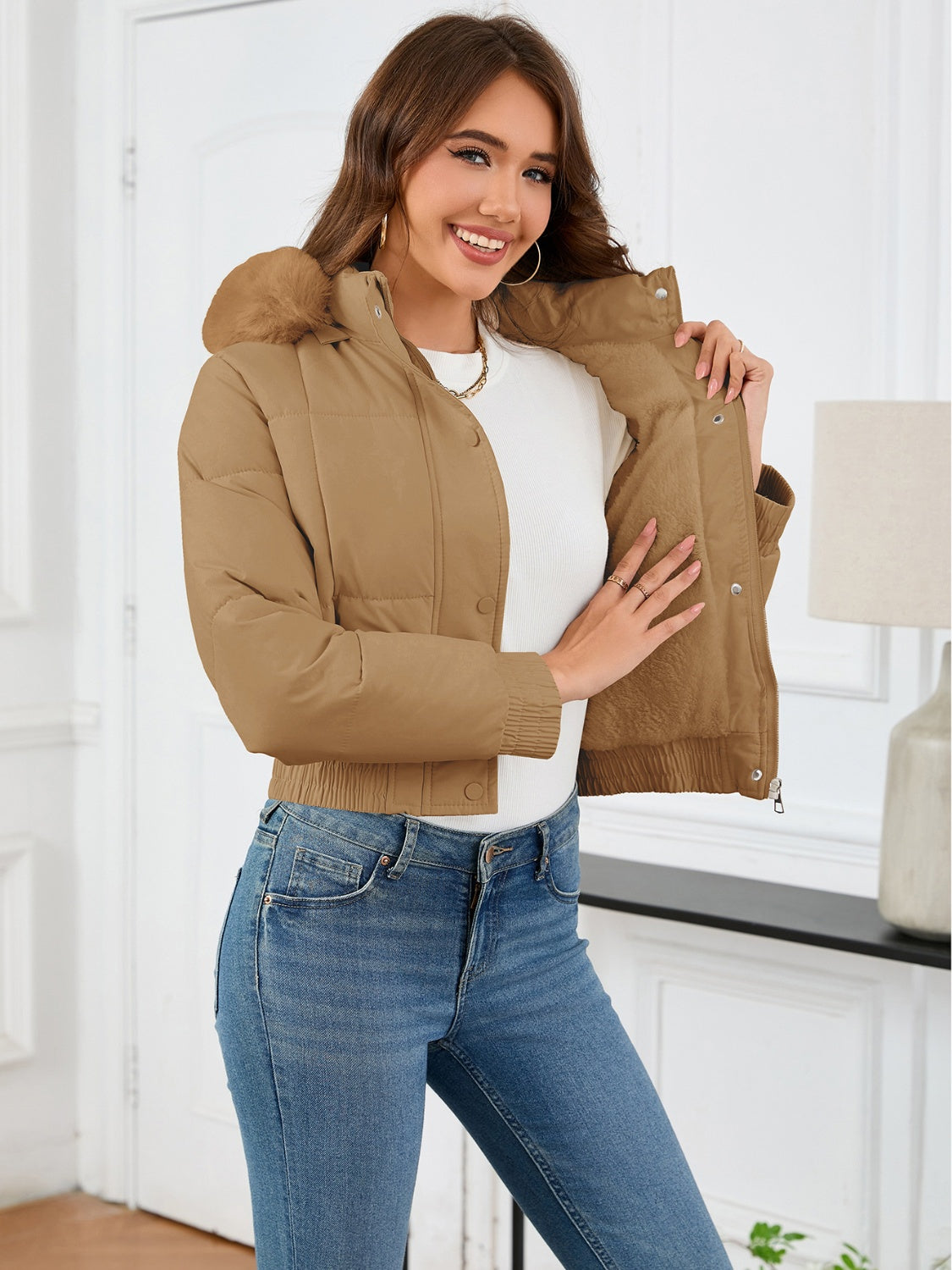 Pocketed Long Sleeve Cropped Hooded Winter Coat - Charming Charlie