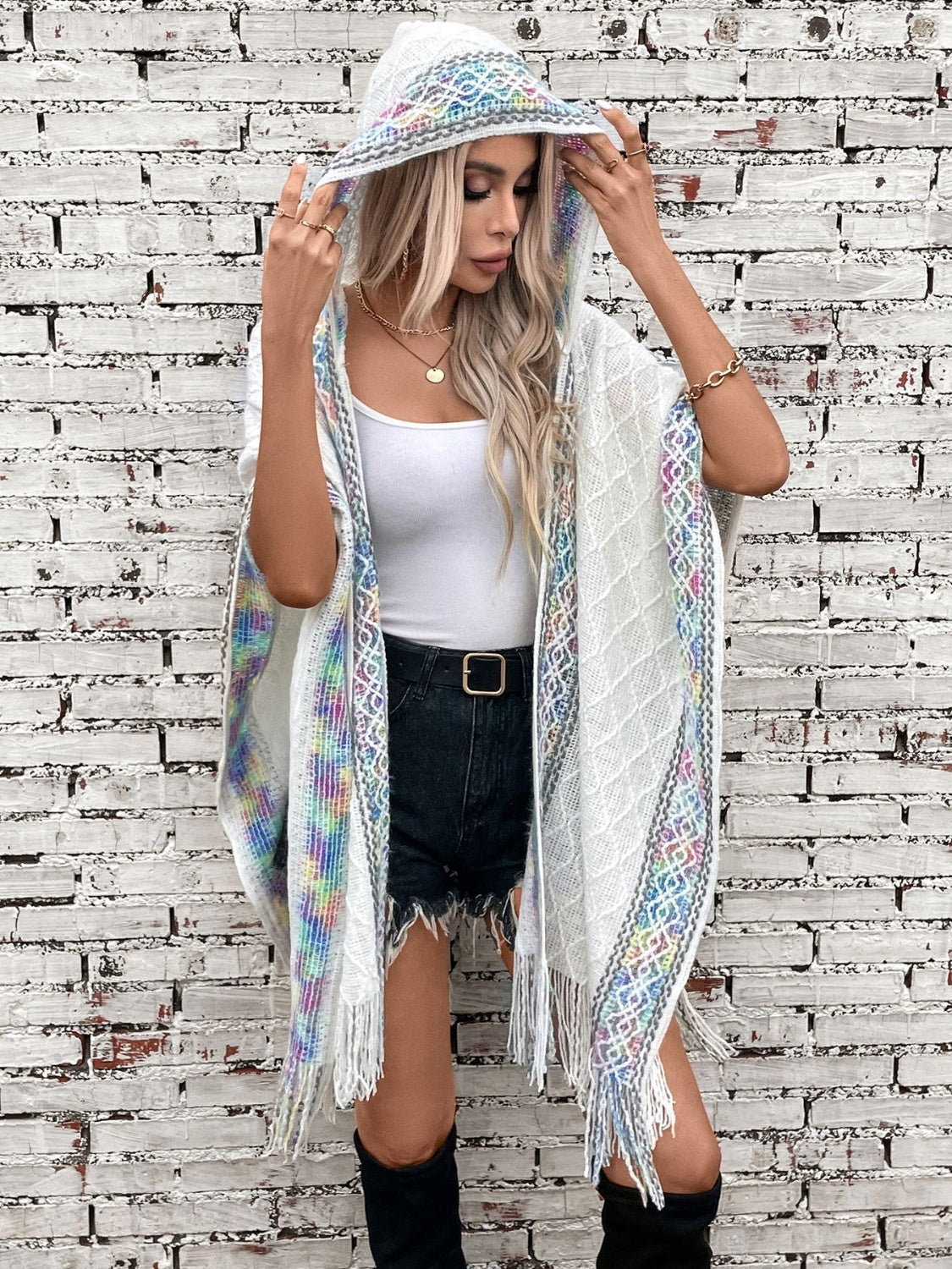 Fringe Half Sleeve Hooded Poncho - Charming Charlie