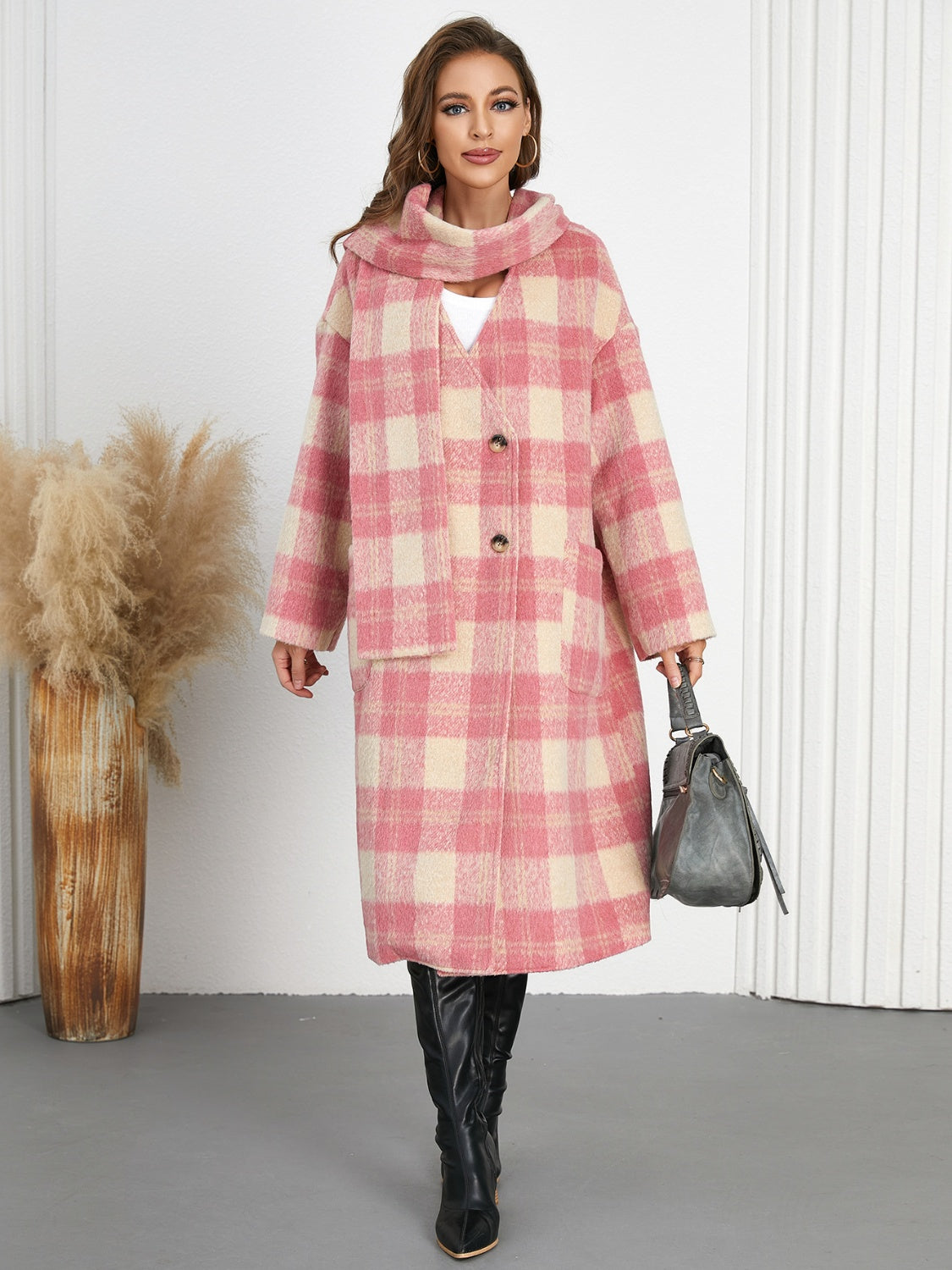 Plaid Button Up Long Sleeve Coat - Charming Charlie