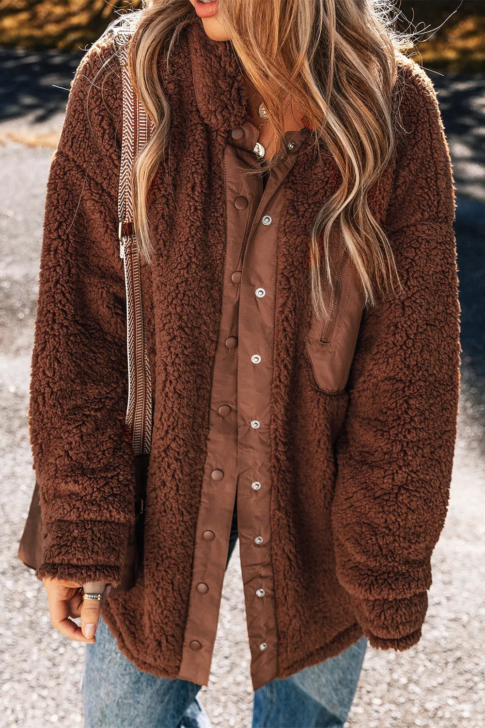 Fuzzy Snap Down Dropped Shoulder Jacket - Charming Charlie