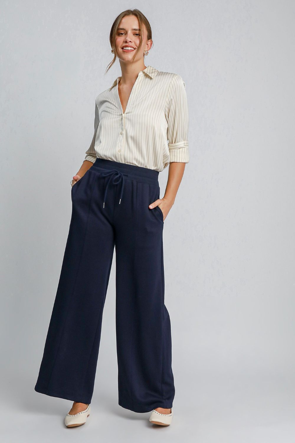 Umgee Drawstring Wide Leg Pants with Pockets - Charming Charlie