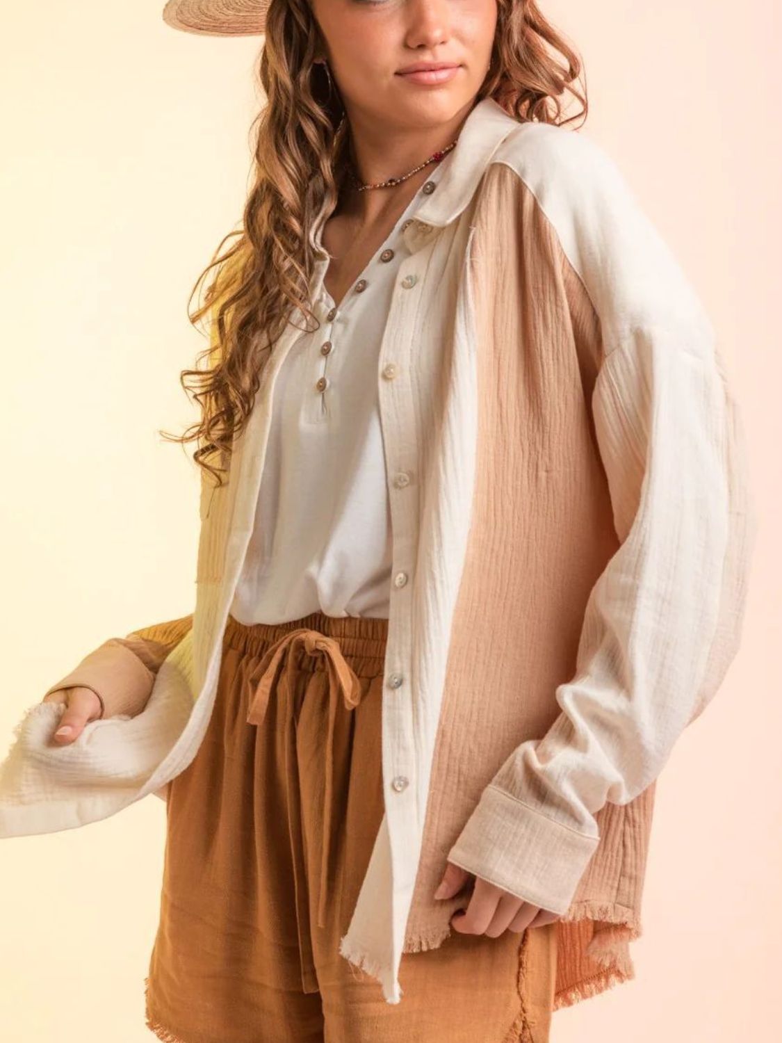 Contrast Button Up Long Sleeve Shirt - Charming Charlie