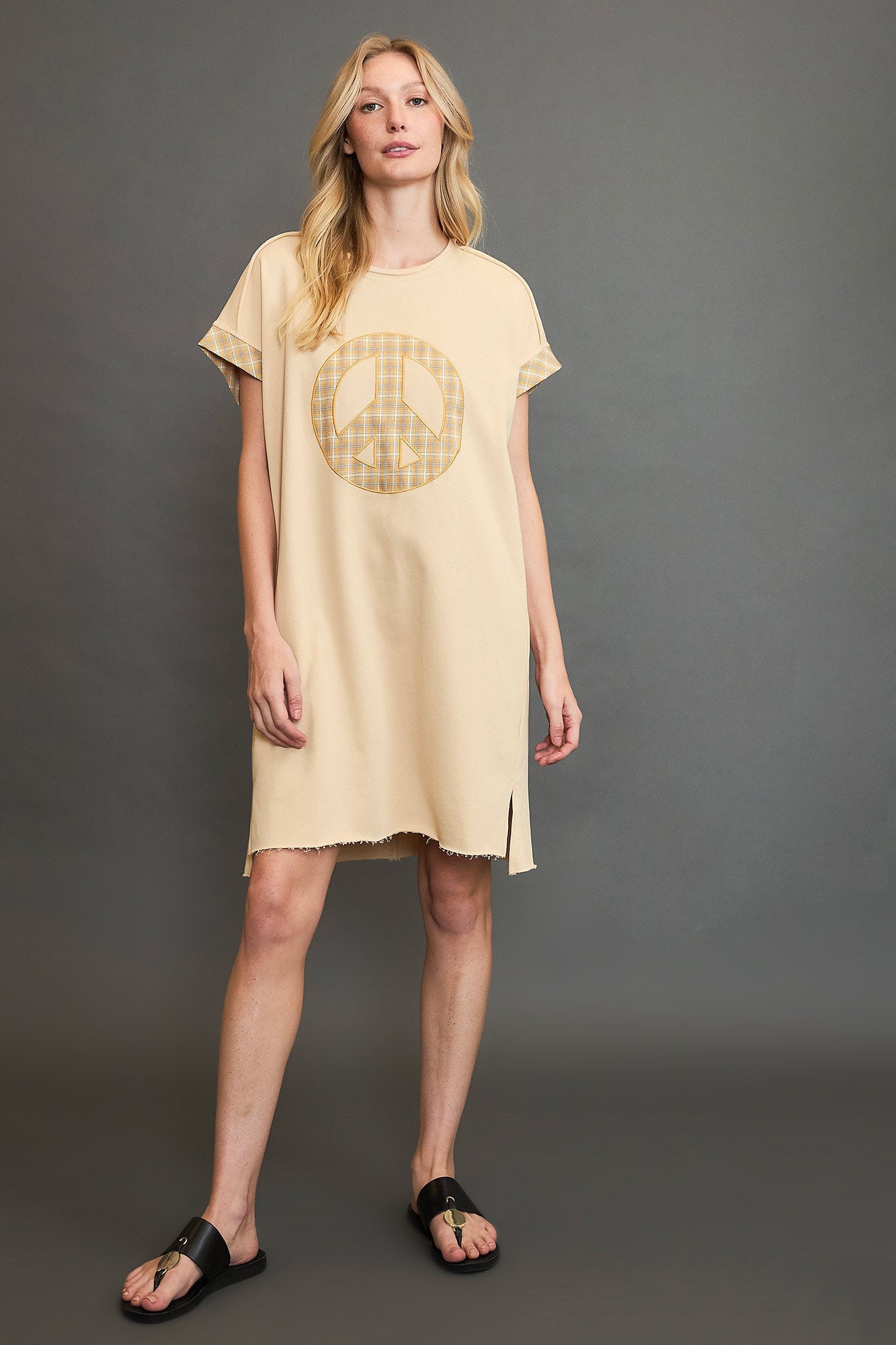 Umgee Peace Plaid Applique Short Sleeve Mini Dress - Charming Charlie
