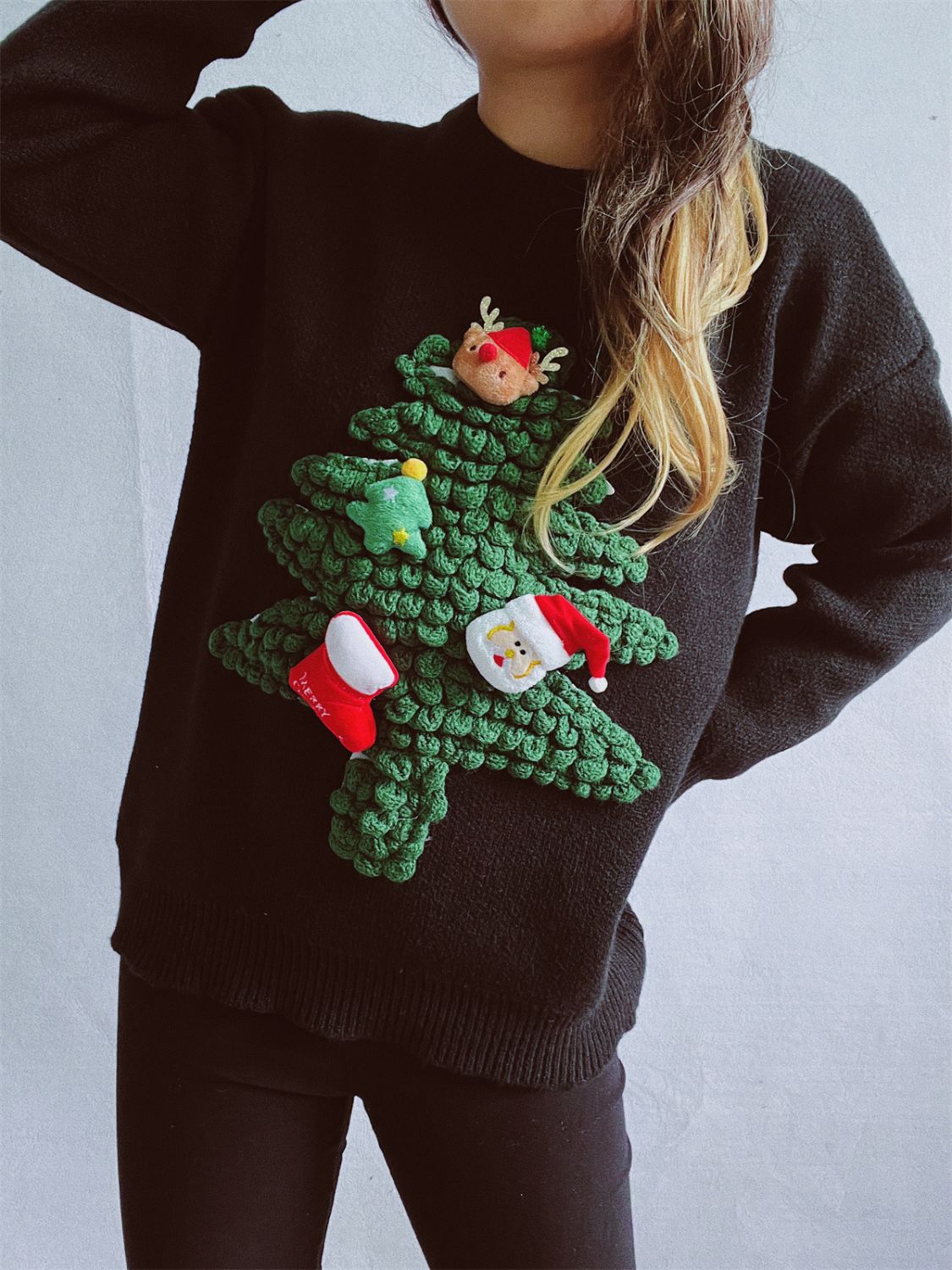 Christmas Tree Round Neck Long Sleeve Sweater - Charming Charlie