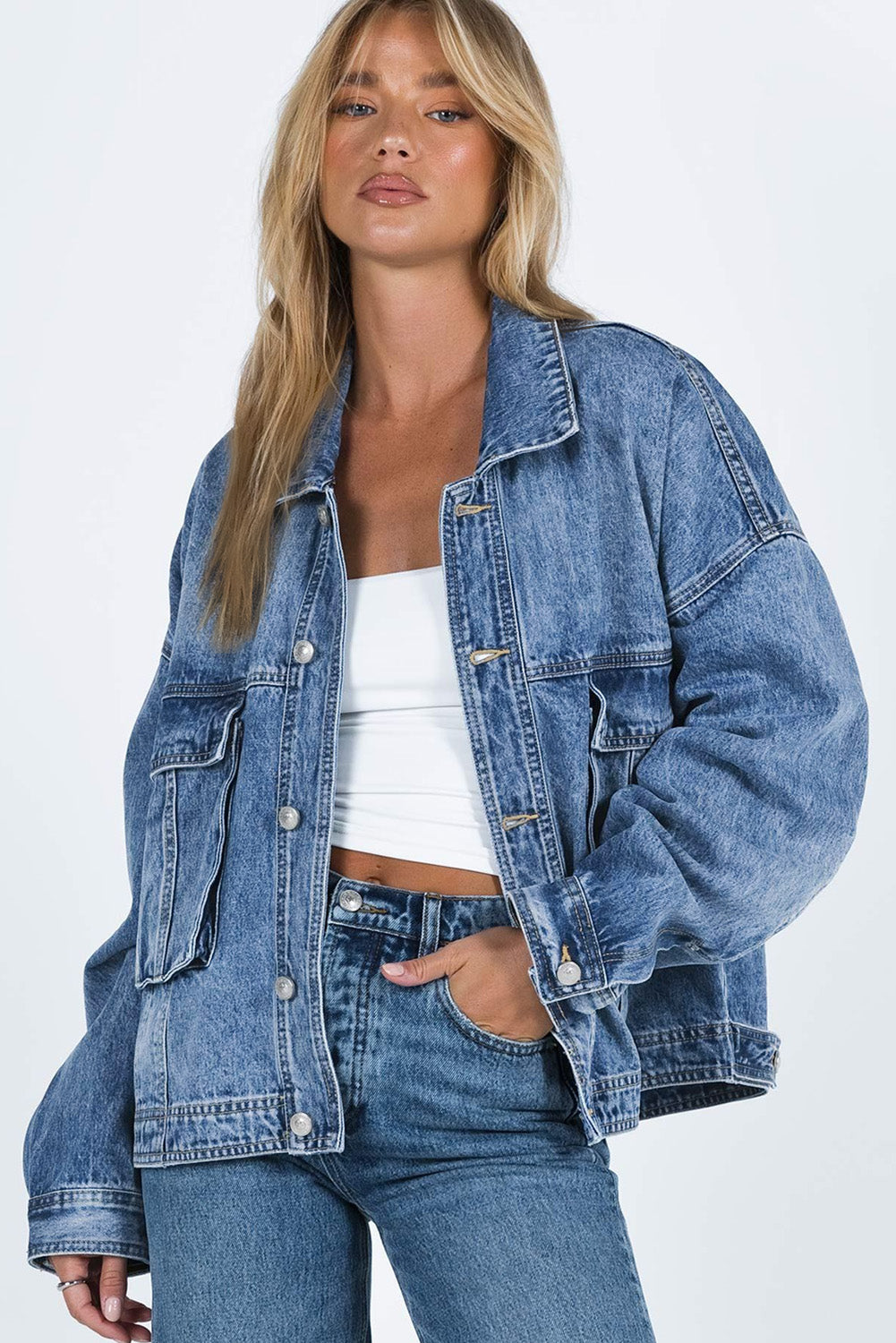 Collared Neck Button Up Denim Jacket - Charming Charlie