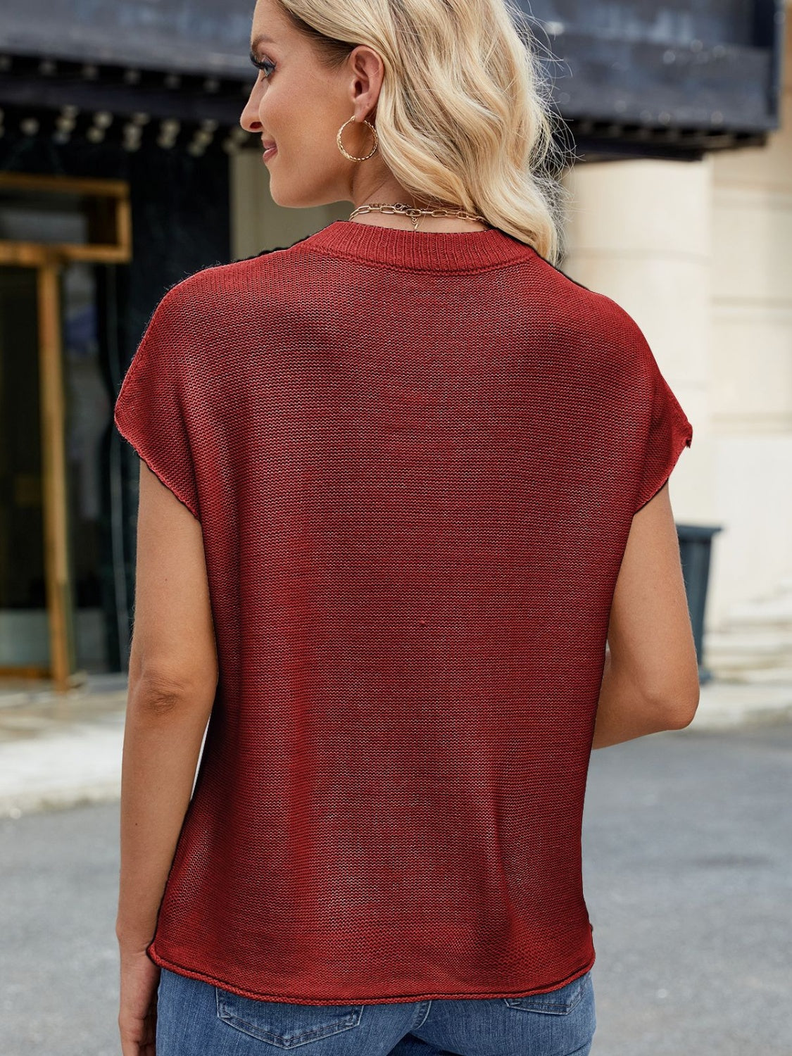Exposed Seam Round Neck Short Sleeve Sweater - Charming Charlie