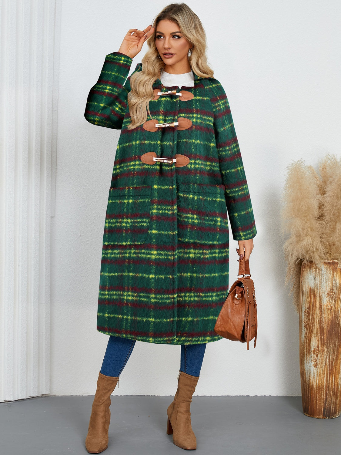 Plaid Long Sleeve Hooded Coat with Pockets - Charming Charlie