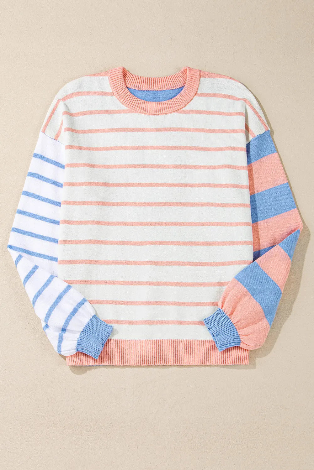 Contrast Striped Round Neck Long Sleeve Sweater - Charming Charlie