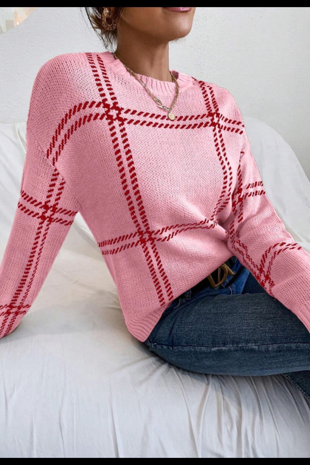 Contrast Round Neck Long Sleeve Sweater - Charming Charlie