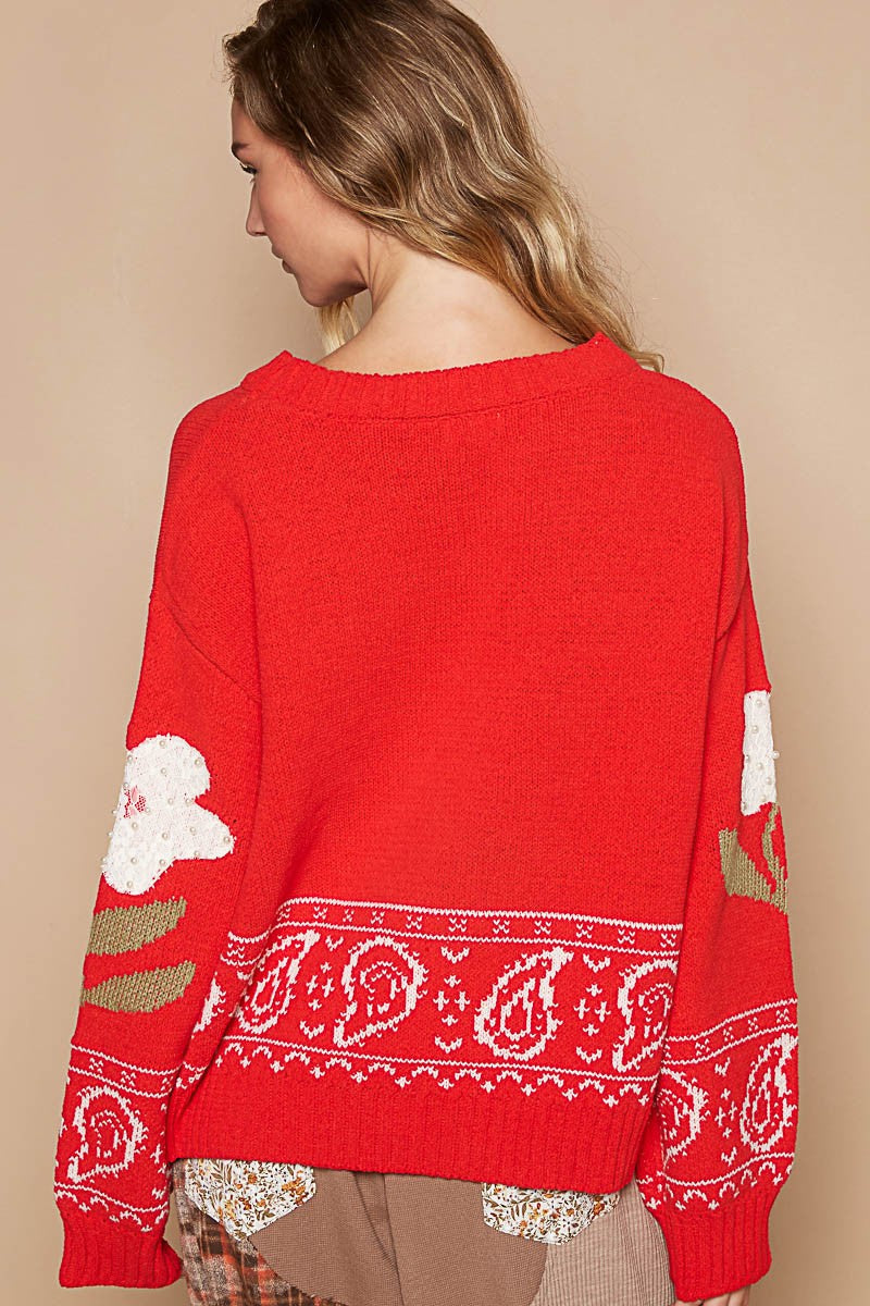POL Flower Lace Patch Long Sleeve Sweater - Charming Charlie