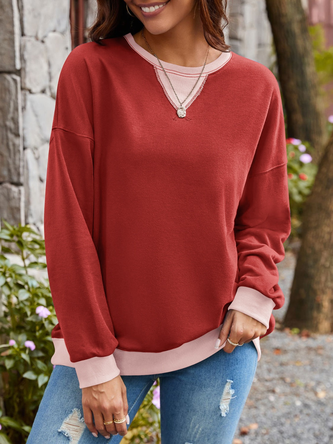 Contrast Round Neck Long Sleeve Sweatshirt - Charming Charlie