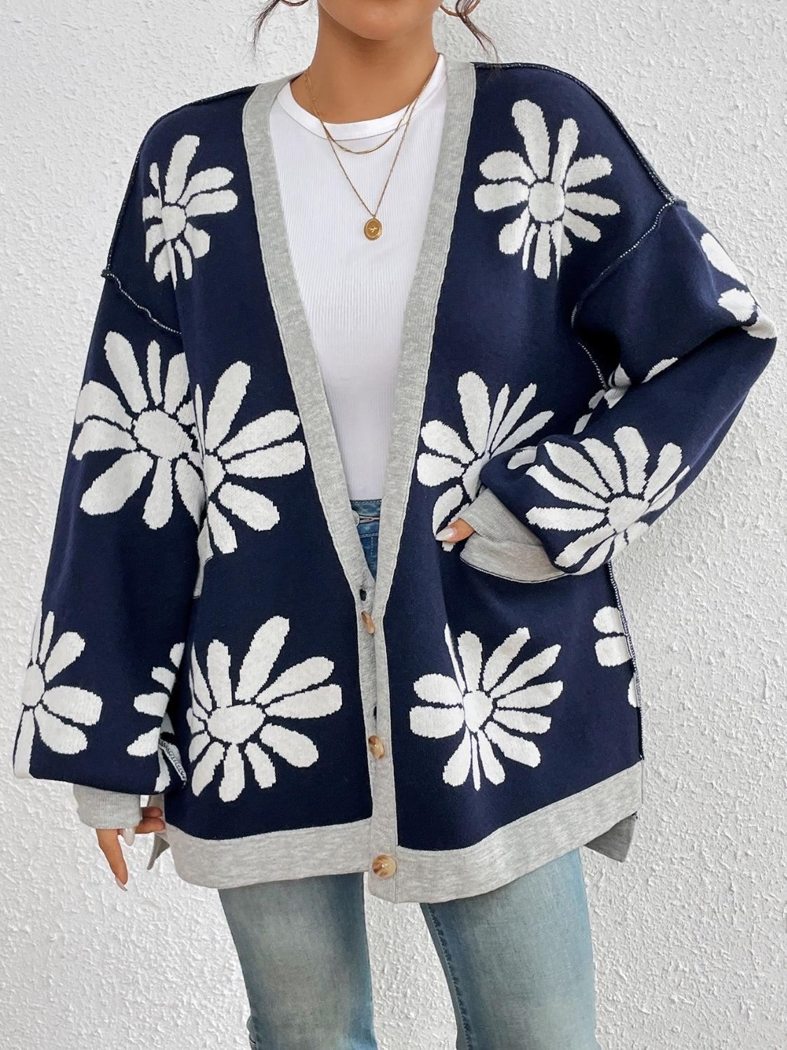Contrast Dropped Shoulder Long Sleeve Cardigan - Charming Charlie