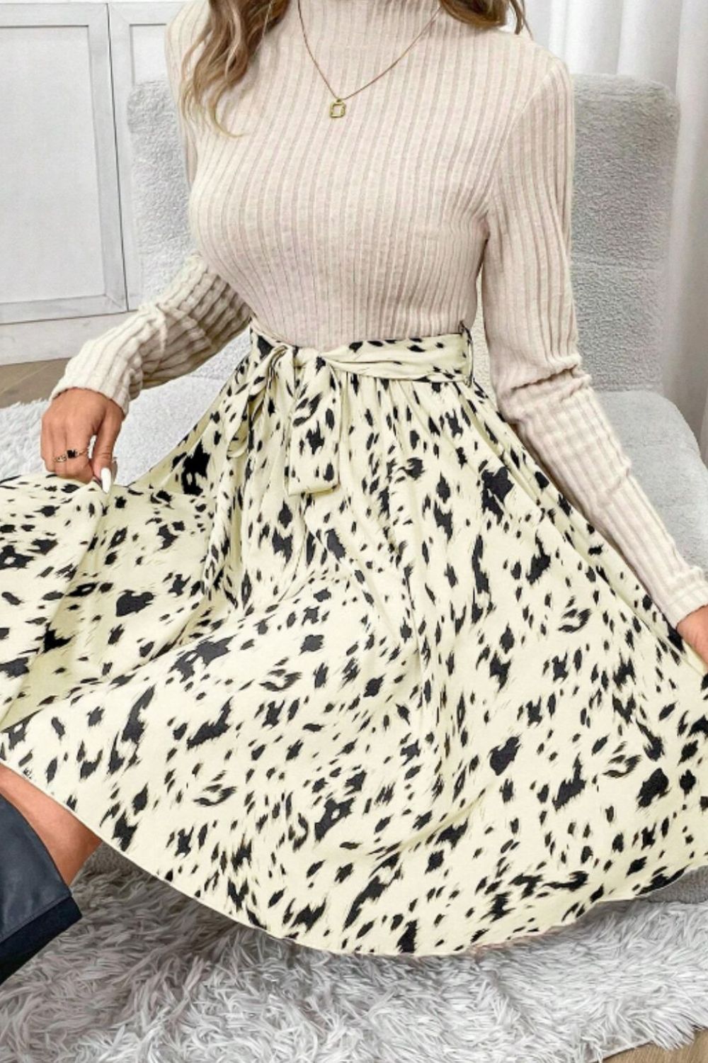 Printed Tie Waist Mock Neck Long Sleeve Dress - Charming Charlie