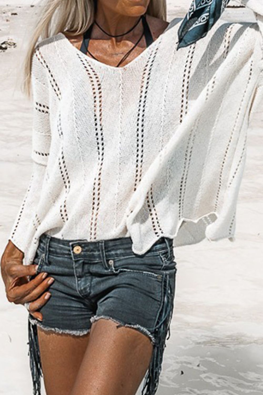 Openwork V-Neck Long Sleeve Knit Top - Charming Charlie
