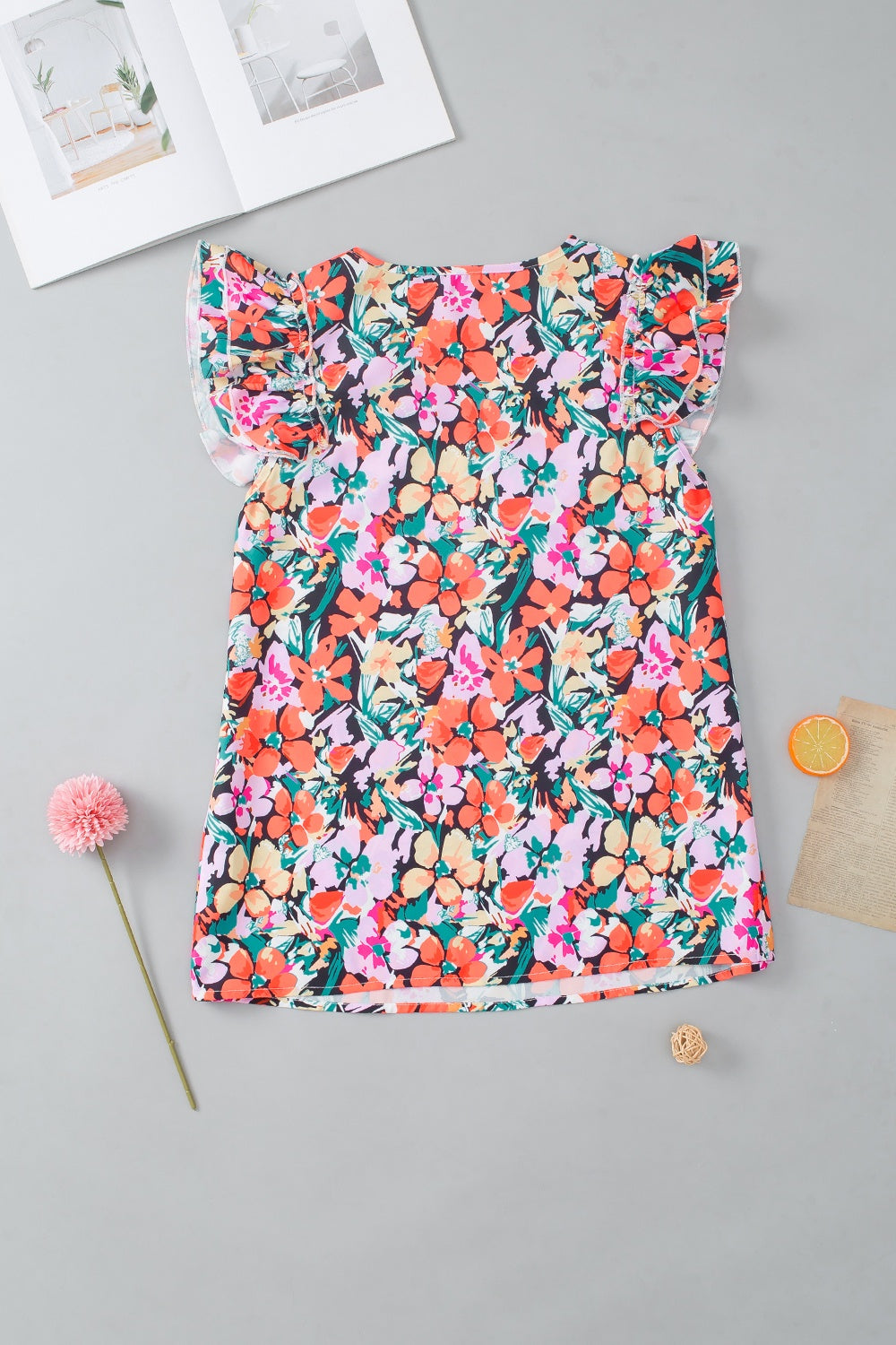 Ruffled Printed V-Neck Cap Sleeve Blouse - Charming Charlie