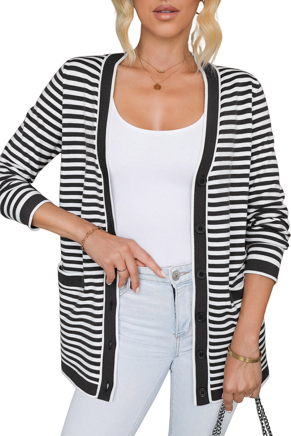 Striped Open Front Long Sleeve Cardigan - Charming Charlie