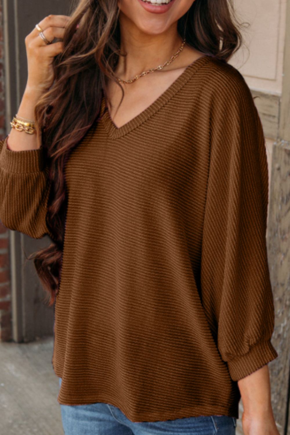 Texture V-Neck Long Sleeve Top - Charming Charlie