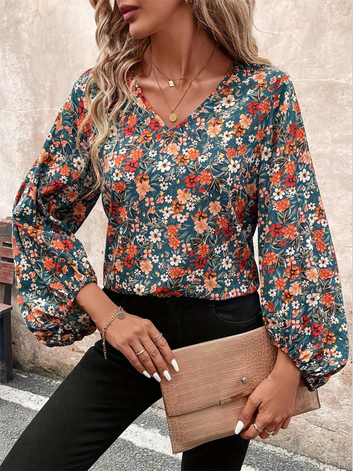Printed V-Neck Balloon Sleeve Blouse - Charming Charlie