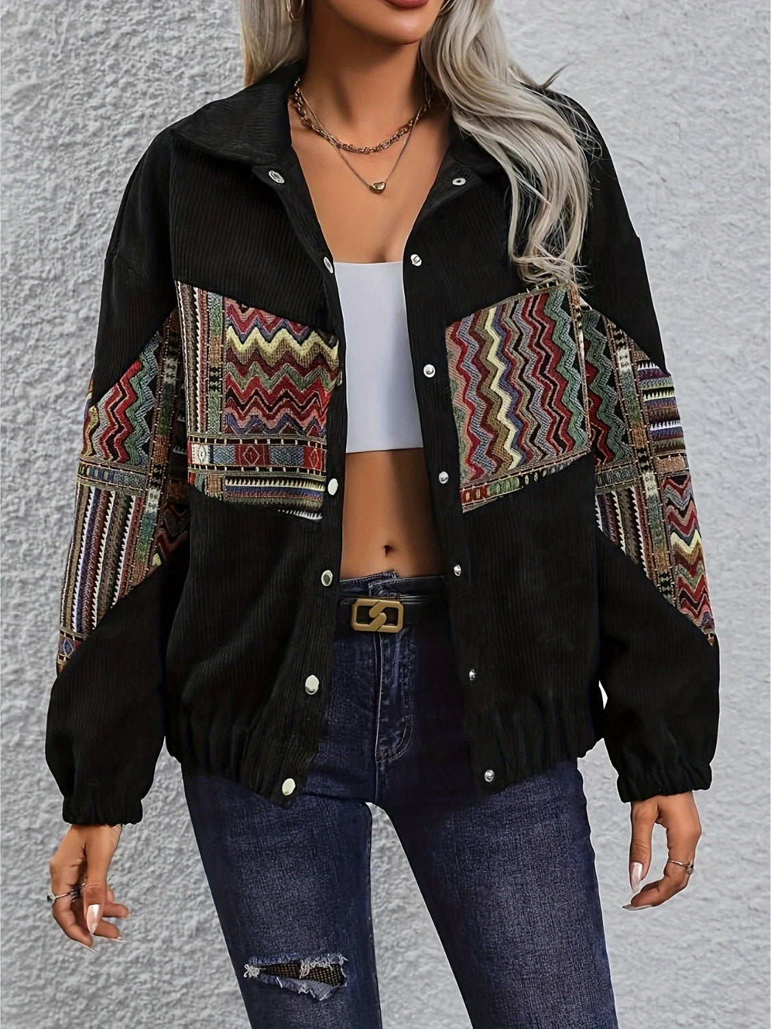 Embroidered Collared Neck Snap Down Jacket - Charming Charlie