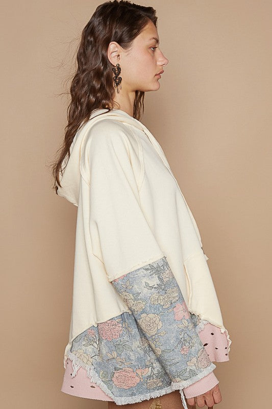 POL Floral Patchwork Distressed Drawstring Hoodie - Charming Charlie