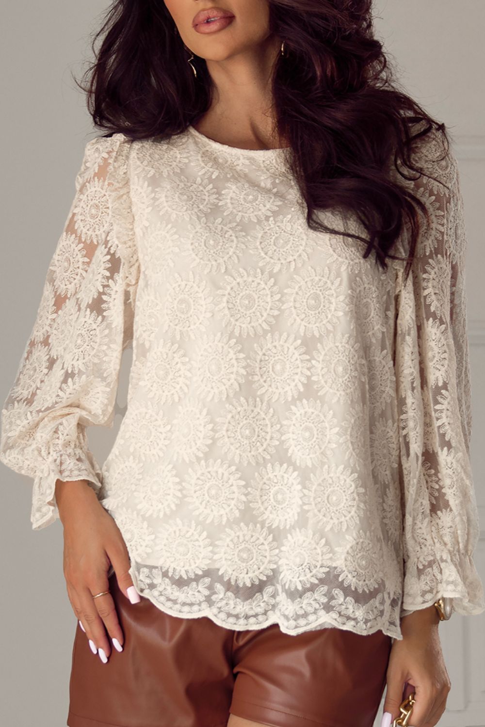 Flower Jacquard Flounce Sleeve Blouse - Charming Charlie