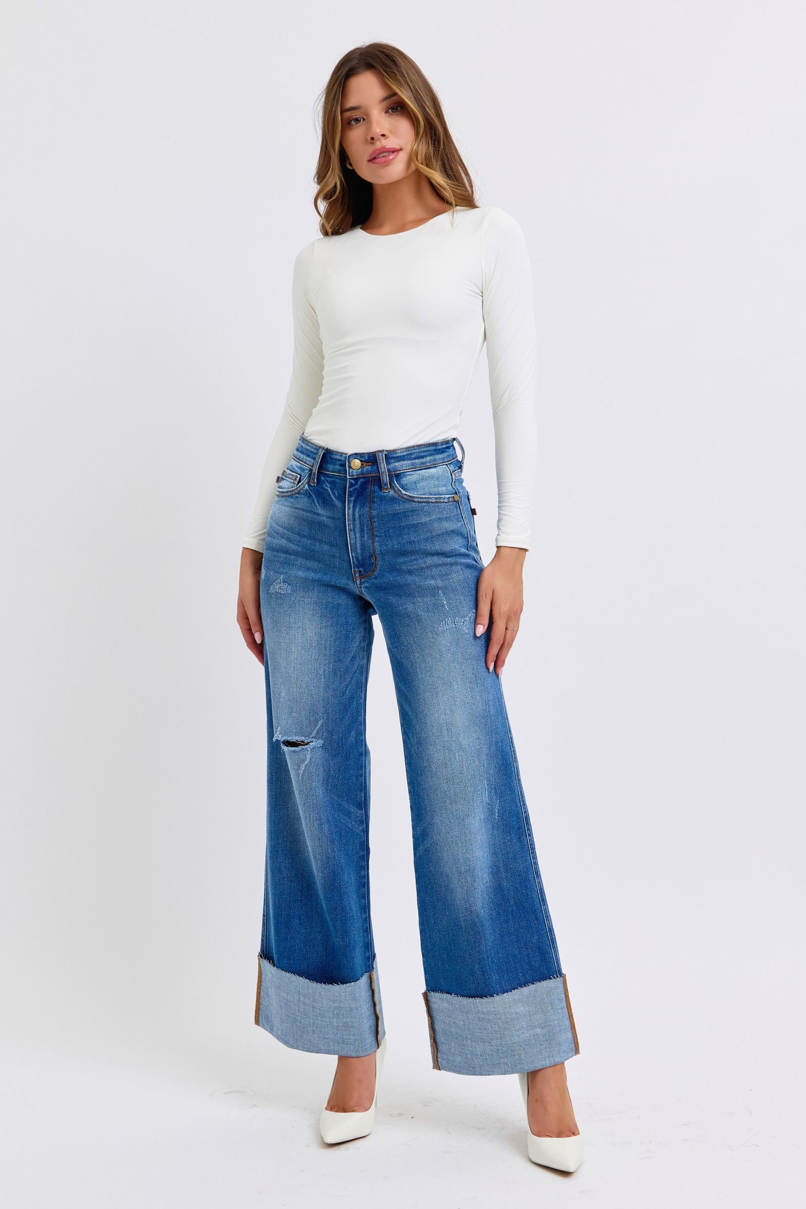 Judy Blue Full Size Distressed High Waist Wide Leg Jeans - Charming Charlie
