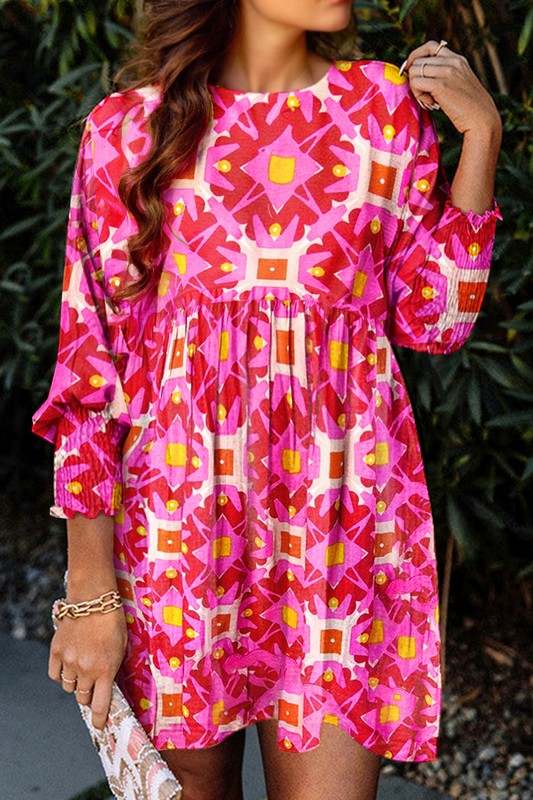Geometric Print Smocked Long Sleeve Mini Dress - Charming Charlie