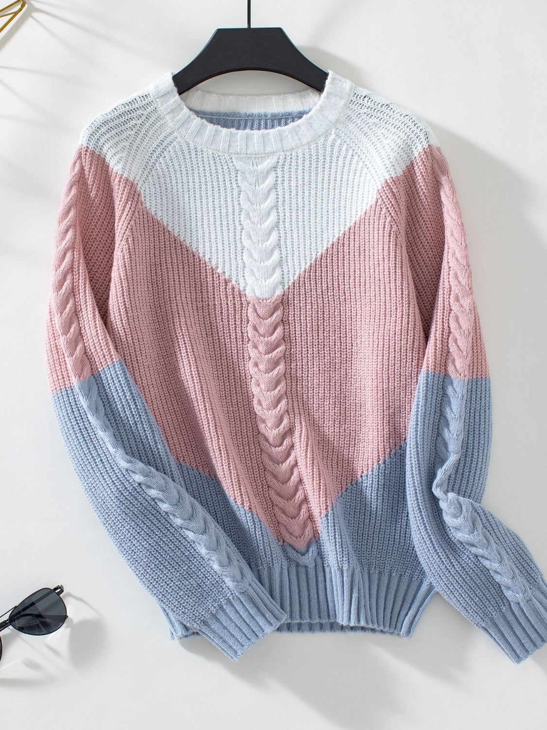 Color Block Round Neck Long Sleeve Sweater - Charming Charlie