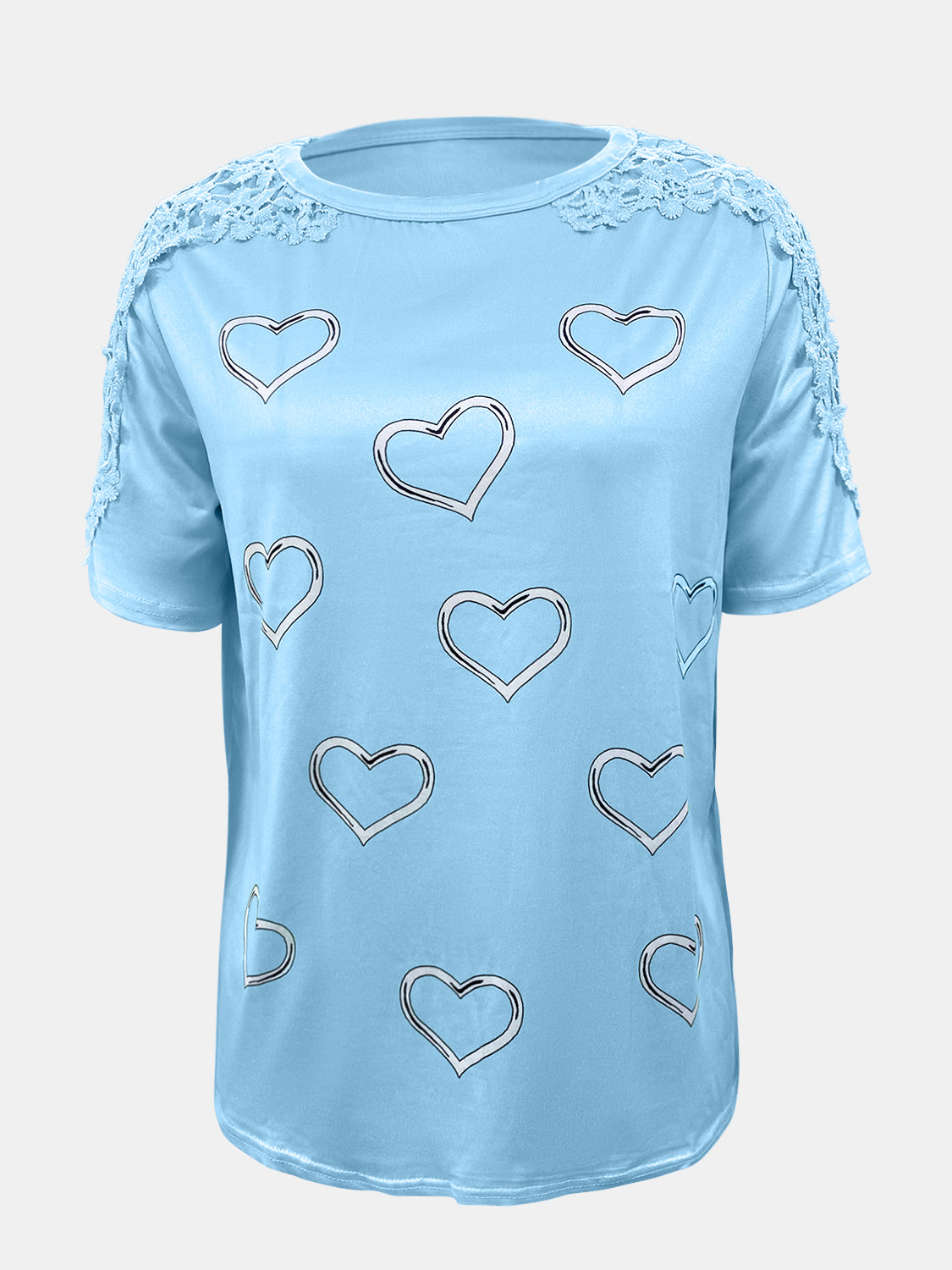 Full Size Lace Detail Heart Round Neck Short Sleeve Top - Charming Charlie
