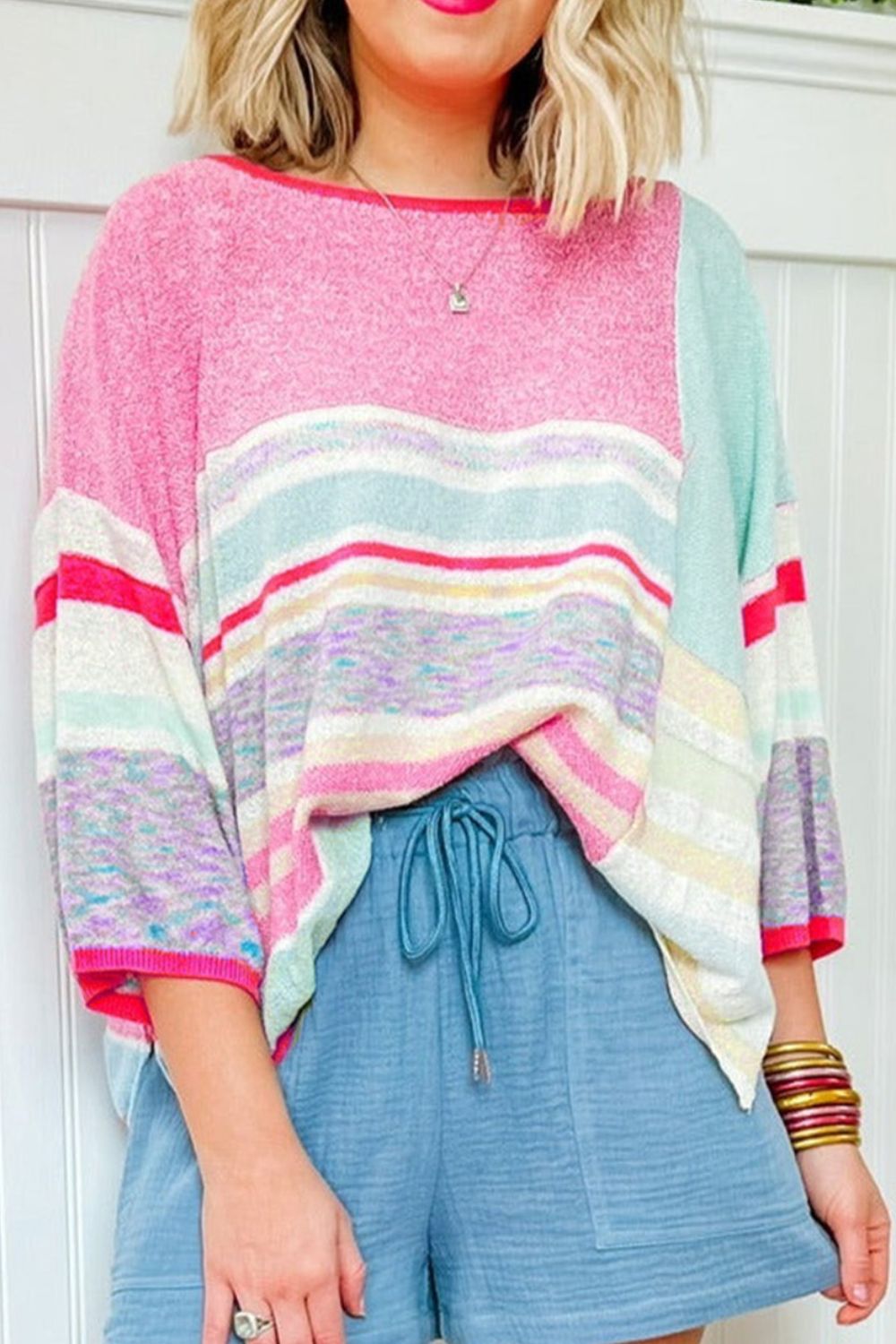 Contrast Round Neck Three-Quarter Sleeve Knit Top - Charming Charlie