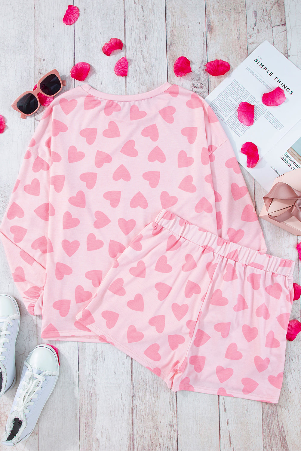 Heart Print Long Sleeve Top and Shorts Lounge Set - Charming Charlie