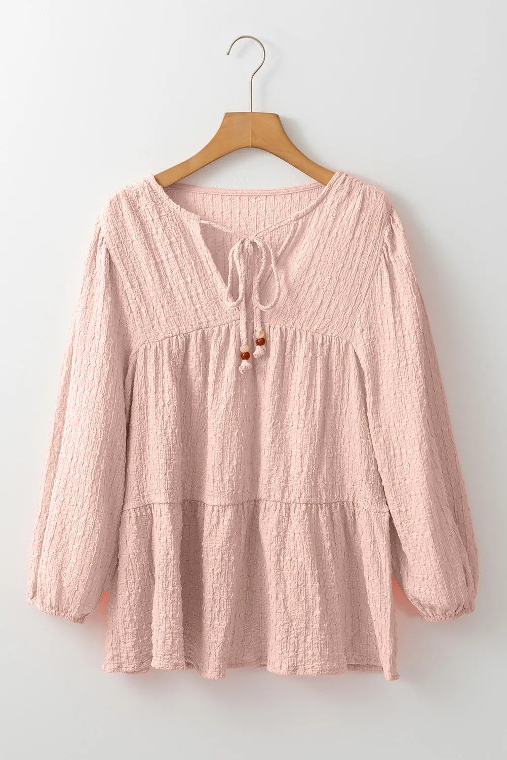 Textured Tie Neck Three-Quarter Sleeve Blouse - Charming Charlie